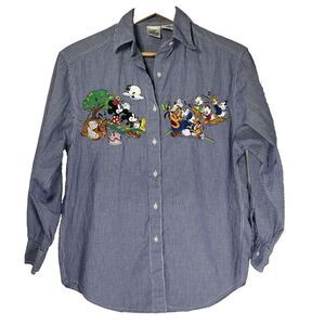 Vintage The Disney Store Womens Button-Up Size Small Blue Gingham Minnie Mickey